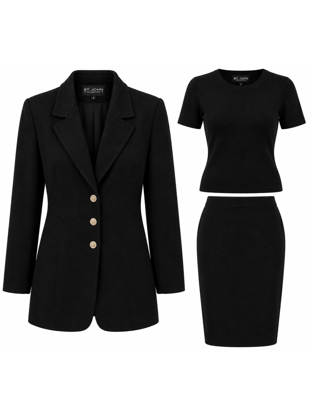 St. John Black 3-Piece Skirt Suit – Blazer, Top & Pencil Skirt